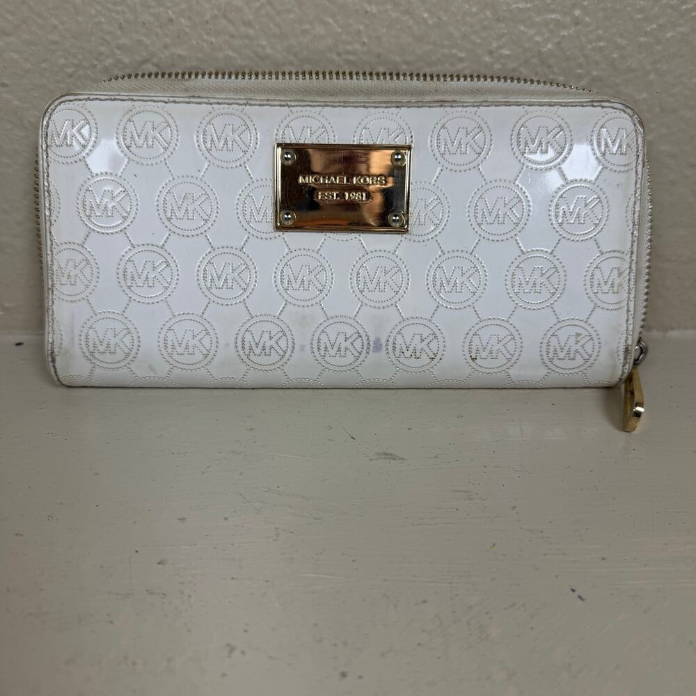 Michael Kors Contential MK Mono Mirror White Metallic zip around long wallet